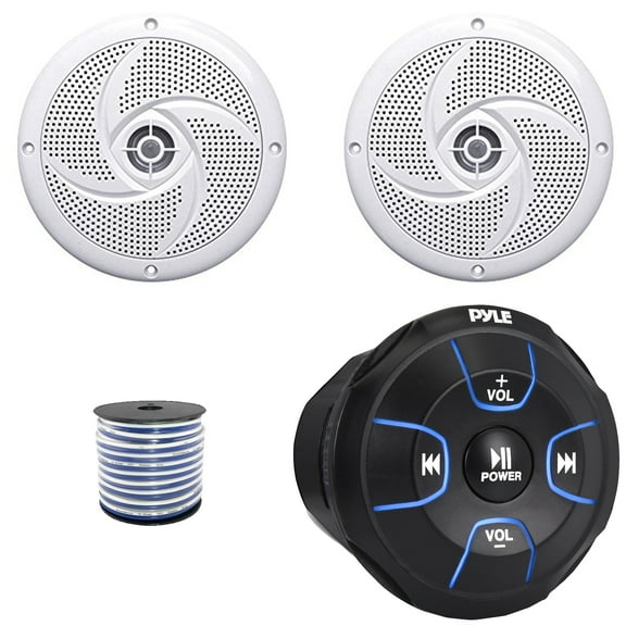 Pyle PLMRBT18 Bluetooth Audio Amplified Marine Waterproof Controller, Pyle PLMRS4W 4" 100 Watts Max Power Low Profile 2-Way White Boat Speakers (1 Pair), 50 Feet 18 Gauge Speaker Wire