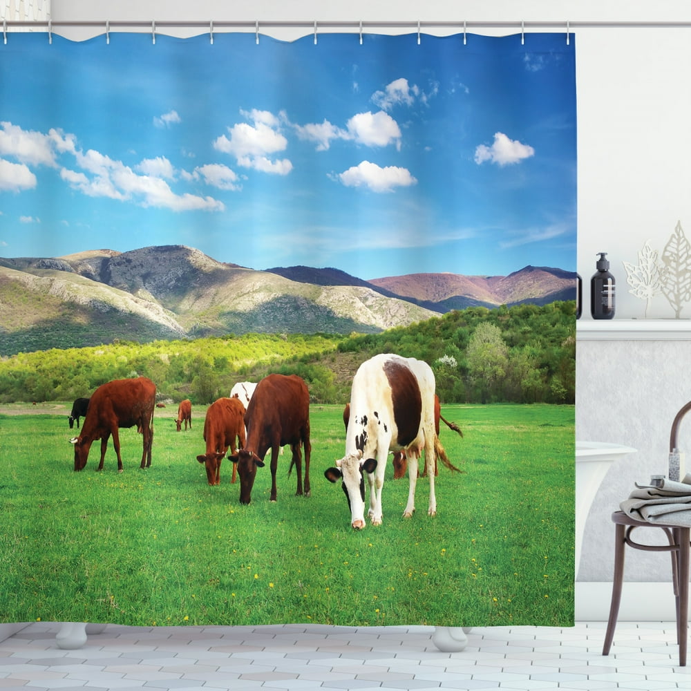 Cattle Shower Curtain, Colorful Herd of Cows on Green Meadow Surrounded by Mountains Nature