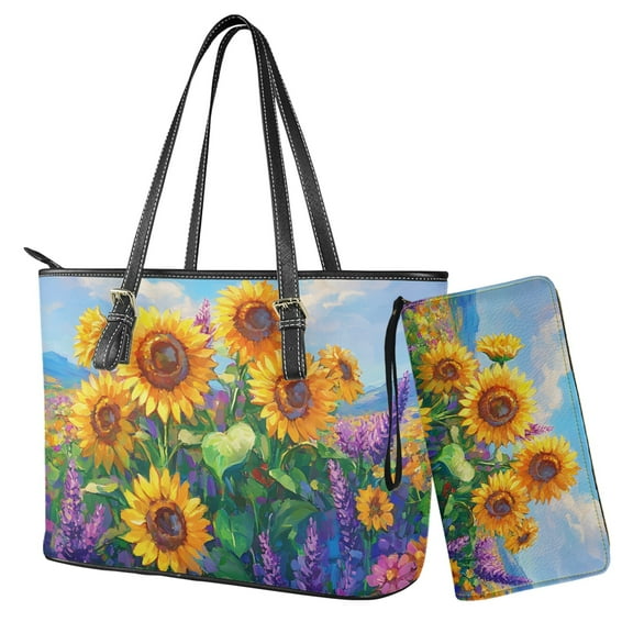LedBack Sunflower Print Top Handle Purses Set for Women Leather Handbag and Wallet Set Zipper Totes Bucket Handbag Saddle Purse for Shopping Walking