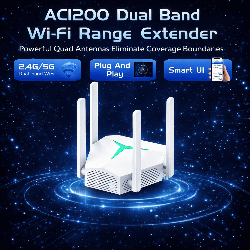AC1200 Dual Band WiFi Range Extender - WiFi Booster with 4 External Antennas & MIMO Tech, 3 Modes (Repeater/AP/Router), Type-C Powered, Plug and Play Easy Setup for Home Office, White.
