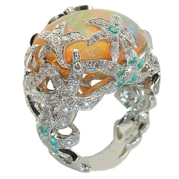 SmartBy Vintage Rhinestone Starfish Faux Opal Party Banquet Jewelry Gift Finger Ring