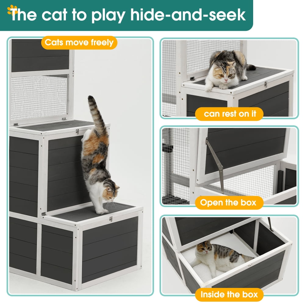 3-Tier Outdoor Wooden Cat House w/ 4 Platforms, 2 Rest Boxes, Weatherproof Cat Enclosure