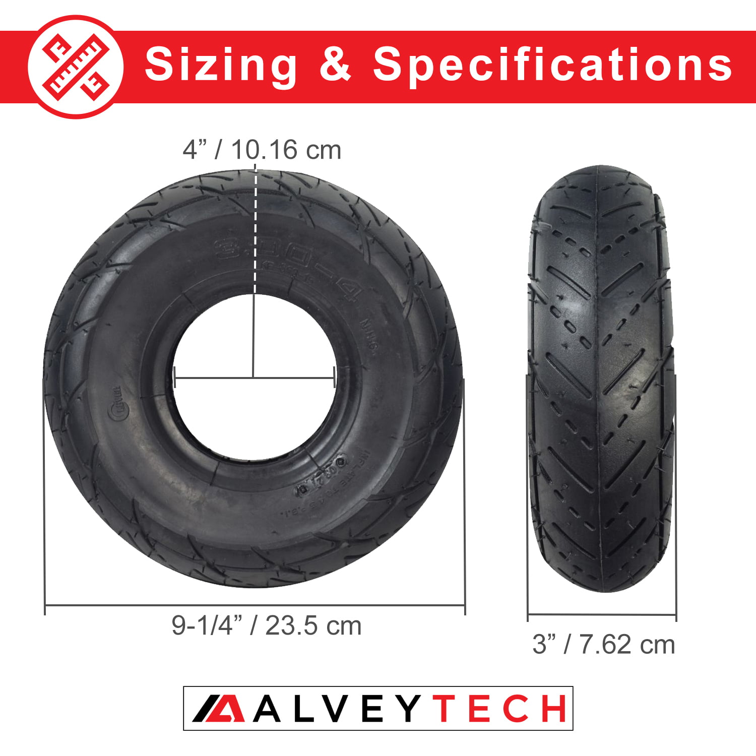 AlveyTech 3.00-10 Tubeless Scooter Tire with QD001 Tread