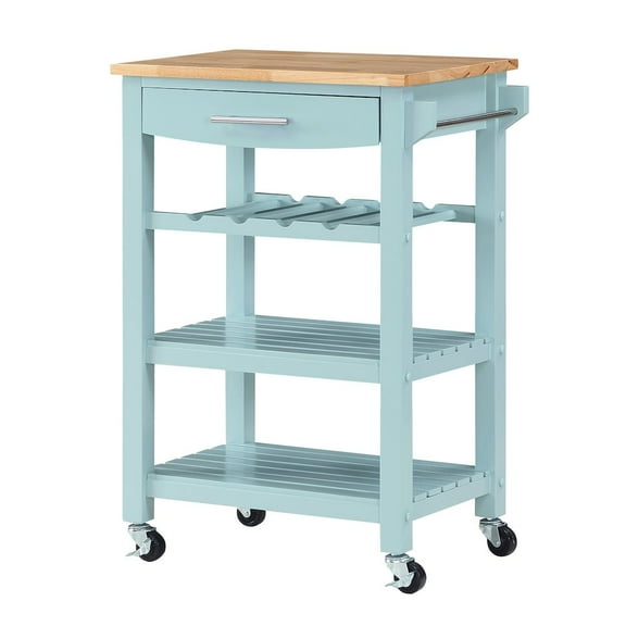Ellaine Four-Tier Butcher Block Kitchen Cart w/Drawer and Wine Rack in Blue Wood