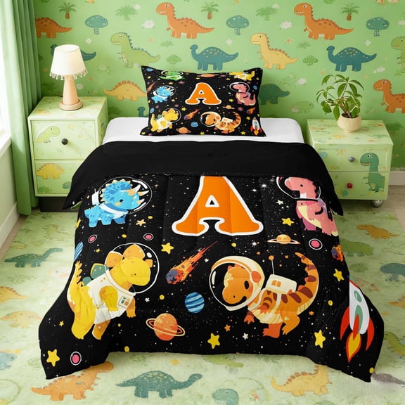 Erosebridal Dino Astronaut Twin Comforter Sets for Kids Boys, Monogrammed Initial A Bedding Set