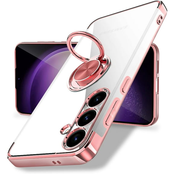Clear Case for Samsung Galaxy S24 with Magnetic Stand [360° Rotatable Ring Holder Kickstand] Soft TPU Bumper Slim Electroplated Shockproof Protection Samsung Galaxy S24 Case Pink