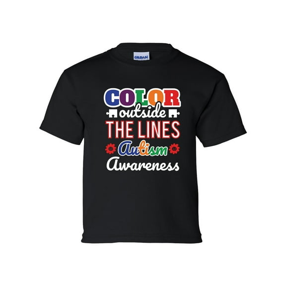 Youth Children's Unisex Autisim Awareness Color Outside the Lines Short Sleeve T-shirt-Black-medium
