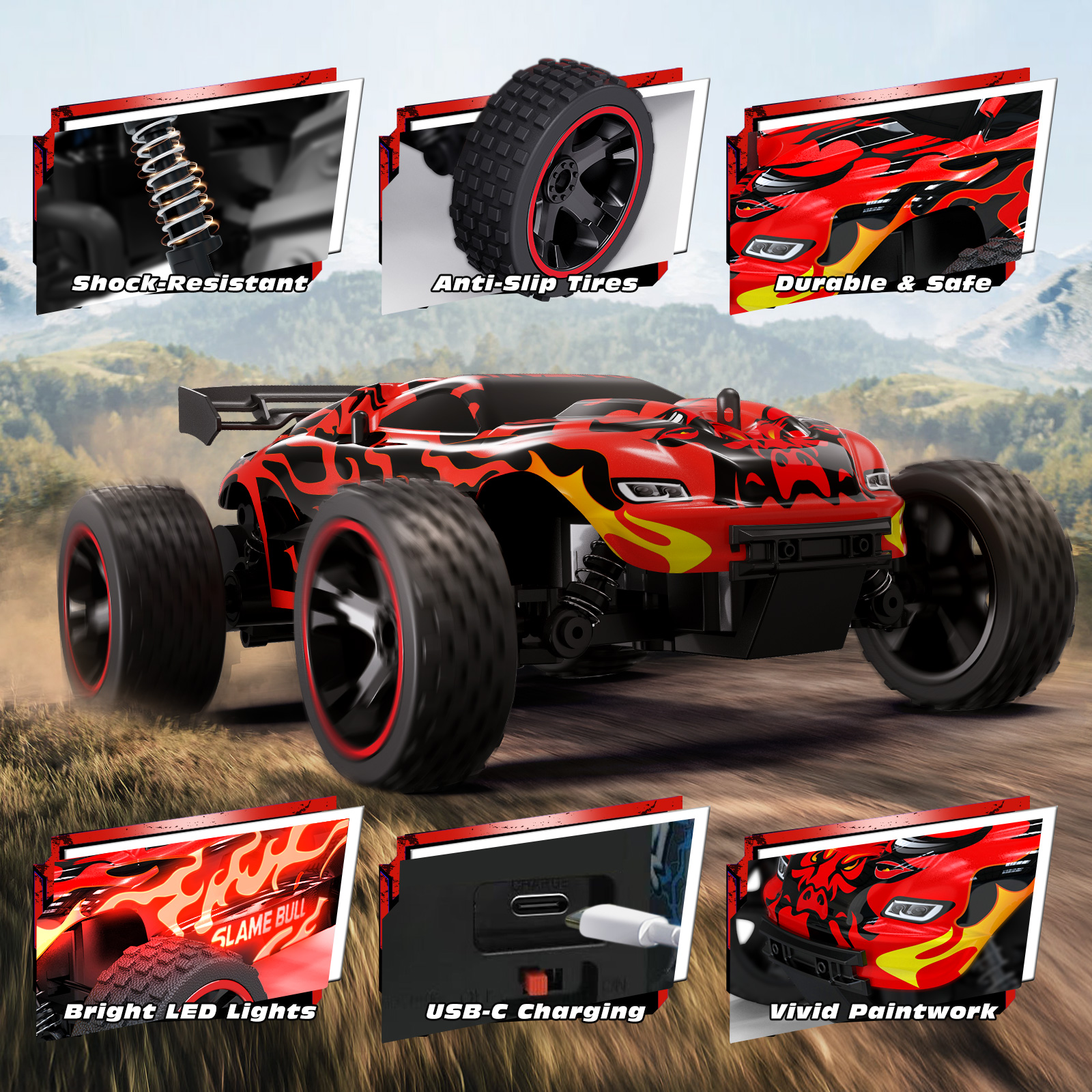 Tecnock RC Trucks for Kids, 1:18 Scale 2WD RC Cars with USB-C Easy Charging, 2.4GHz Remote Control Car with LED Lights & 50 Mins Playtime, Toys Gifts