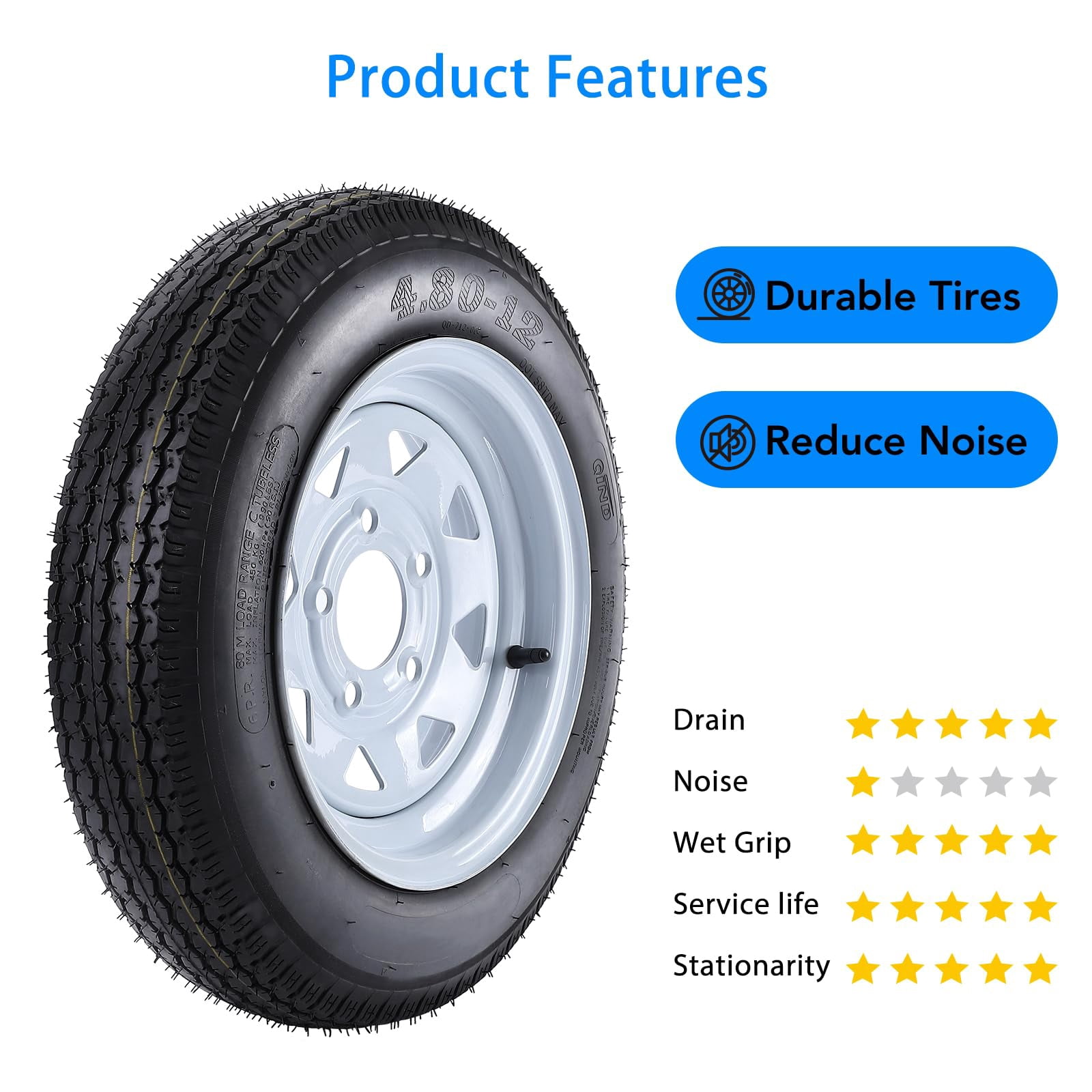 Garvee Set of 2 4.80-12 4.80x12 480-12 4.80-12 Trailer Tires with 12" Rims, 5 Lug on 4.5", Load Range C 6PR