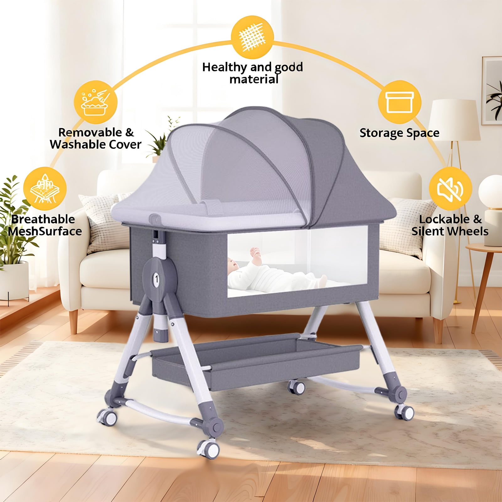 ManyFun 5 in 1 Wide Baby Bassinet Bedside with Diaper Changer with Height-Adjustable and Wheels,Gray