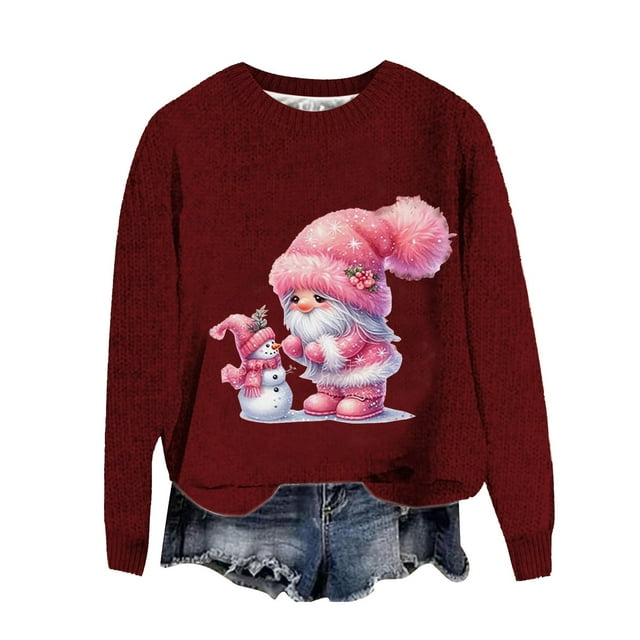 HOWPAY Chandails de Noël pour Femmes Style Noël Imprimé Blouse Décontractée Col Rond Manches Longues Chandail Confortable Léger Vêtements d'Automne Vin TG