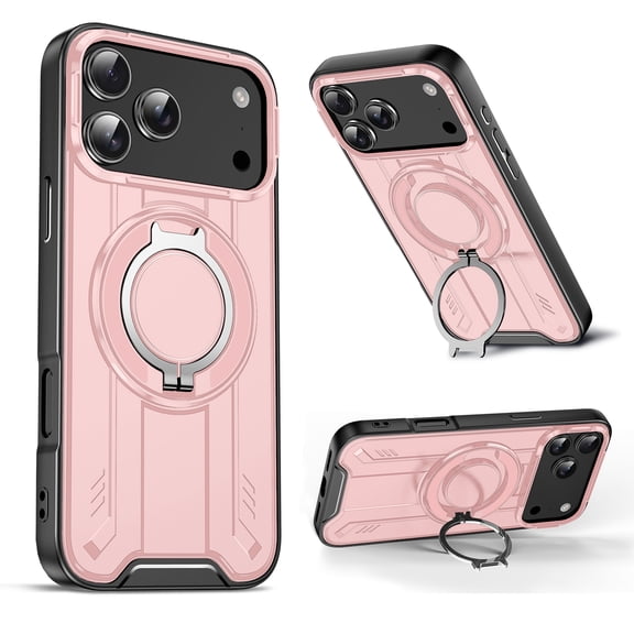 Dteck Phone Case for iPhone 17 Pro Max 6.9 inch with Tempered Glass Screen Protector, Shockproof Magnetic Ring Holder Stand Kickstand Cover for Men & Women, Pink