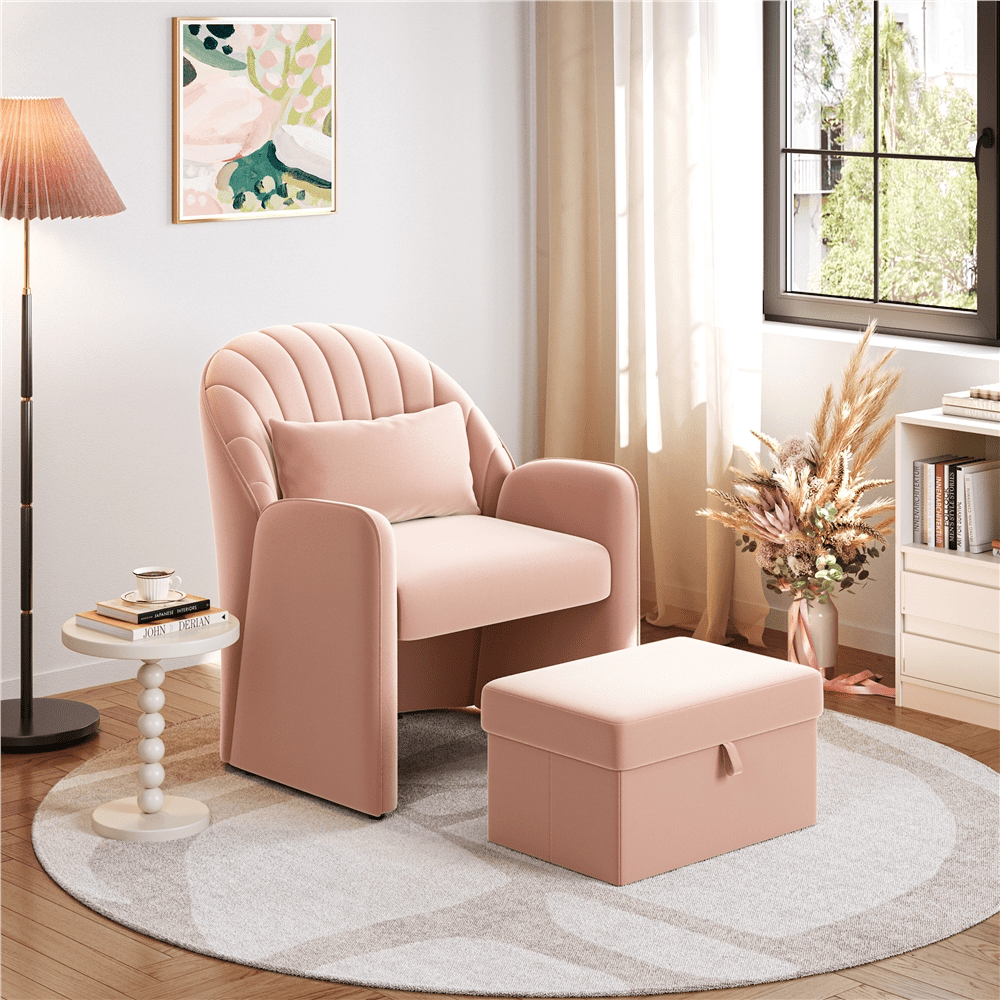 Renwick Upholstered Velvet Barrel Accent Chair with Footrest, Pink