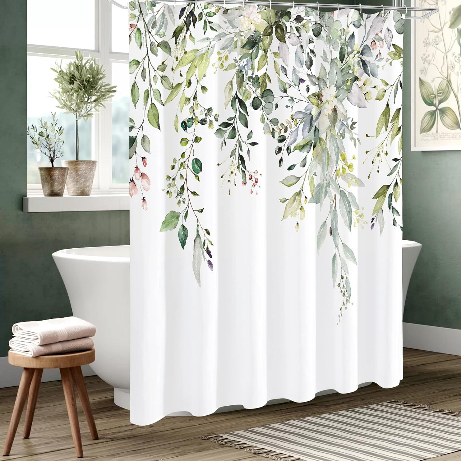 Gibelle Extra Long Shower Curtain 72 x 84, Tall Sage Green Floral Fabric Shower Curtain, Watercolor Plant Eucalyptus Leaves Bathroom Curtains Shower Set with Hooks