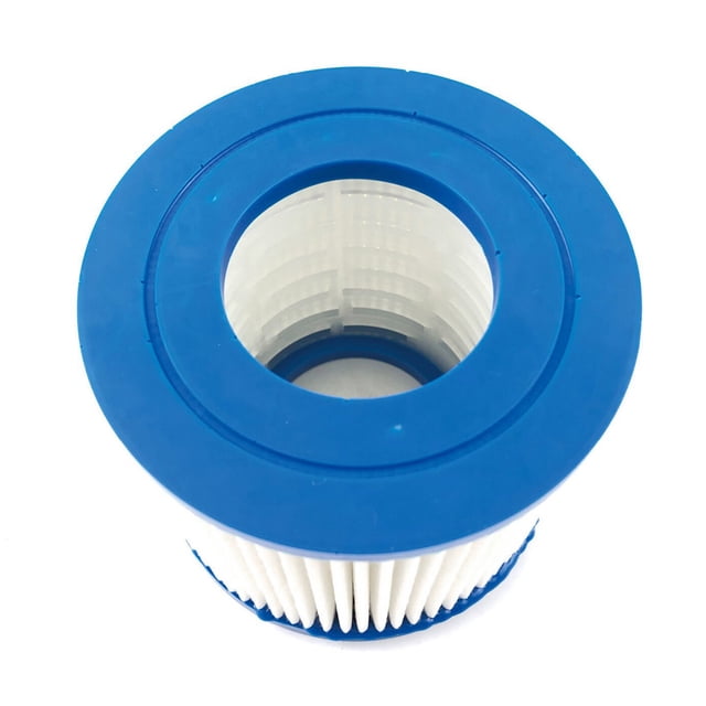 filtro para piscina inflable, recambio esencial para limpieza óptima, compatible con Bestway VII e Intex D, modelo corto φ107*95mm, azul con blanco: cartucho de filtro corto visto desde arriba, cuerpo cilíndrico con bridas azules y pliegues blancos del elemento filtrante; montado dentro de la bomba captura suciedad al pasar el agua y a menudo se usa también para filtrar agua en estanques pequeños.