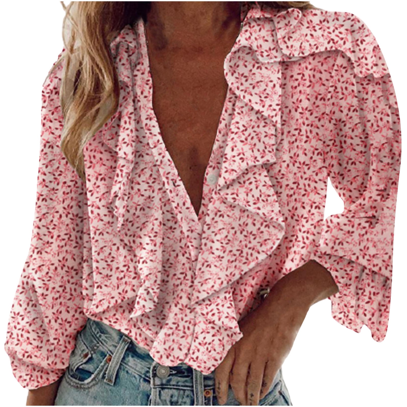 REORIAFEE Blouses for Women Dressy Casual Club Tops Solid Long Sleeve Ruffle VNeck Shirt Blouse