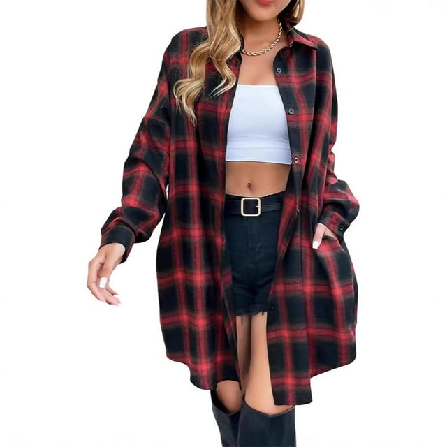 Ailaofu Women's Button Down Flannel Shirts Plaid Shacket Long Sleeve Collared Long Jacket Coats
