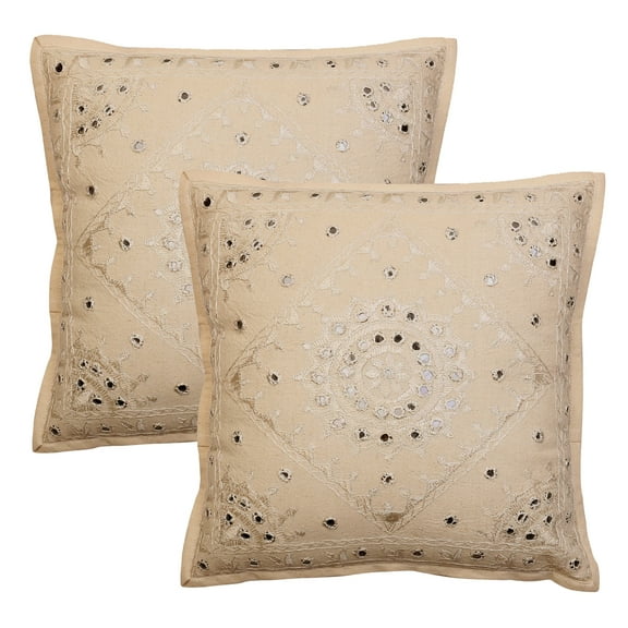 Stylo Culture Ethnic Chair Seat Throw Pillow Covers 16 x 16 Hand Embroidered Beige Boho 40cm x 40cm Home Decor Cotton Mirrored Square Cushion Covers | Set Of 2