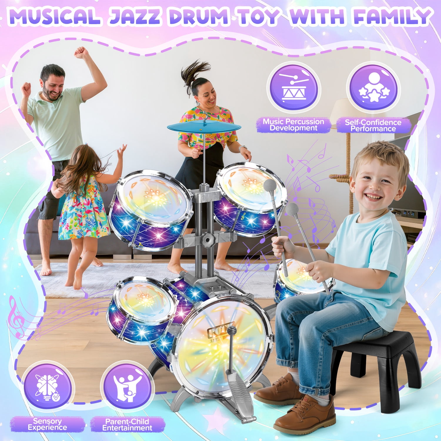 Huge Wave Kid Drum Set for Toddler 1-3 Years, Big Size Beginners Jazz Drum Set, Induction Sound and Light, Instrument Birthday Gift for Boys Girls