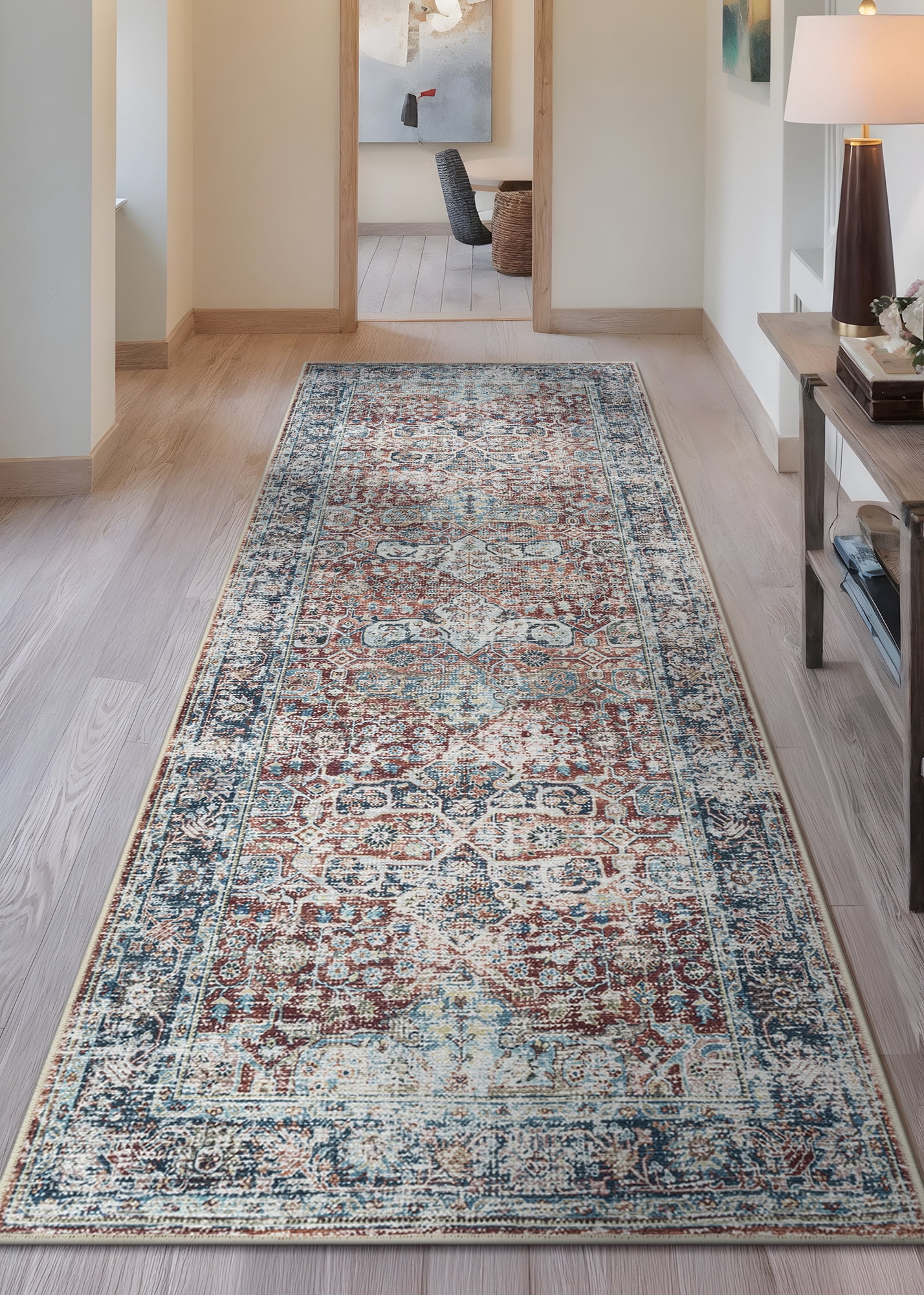 Bloom Rugs Washable Non-Slip 12 ft Runner - Brick / Dark Blue Traditional Oriental Runner for Entryway, Hallway, Bathroom, and Kitchen - Exact size: 2'6" x 12'