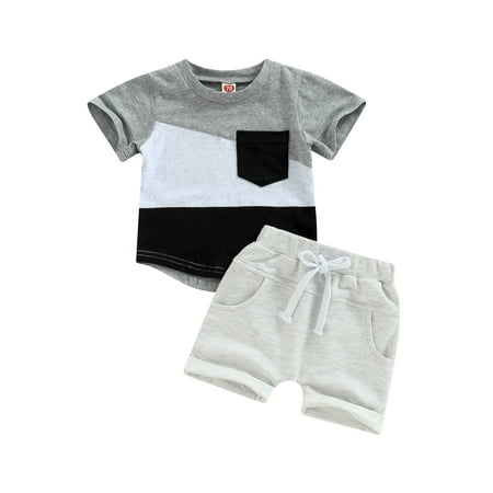 

Thaisu Toddler Baby Boy Summer 2Pcs Suitset Contrast Color Short Sleeve Crew Neck Tops + Elastic Waist Shorts