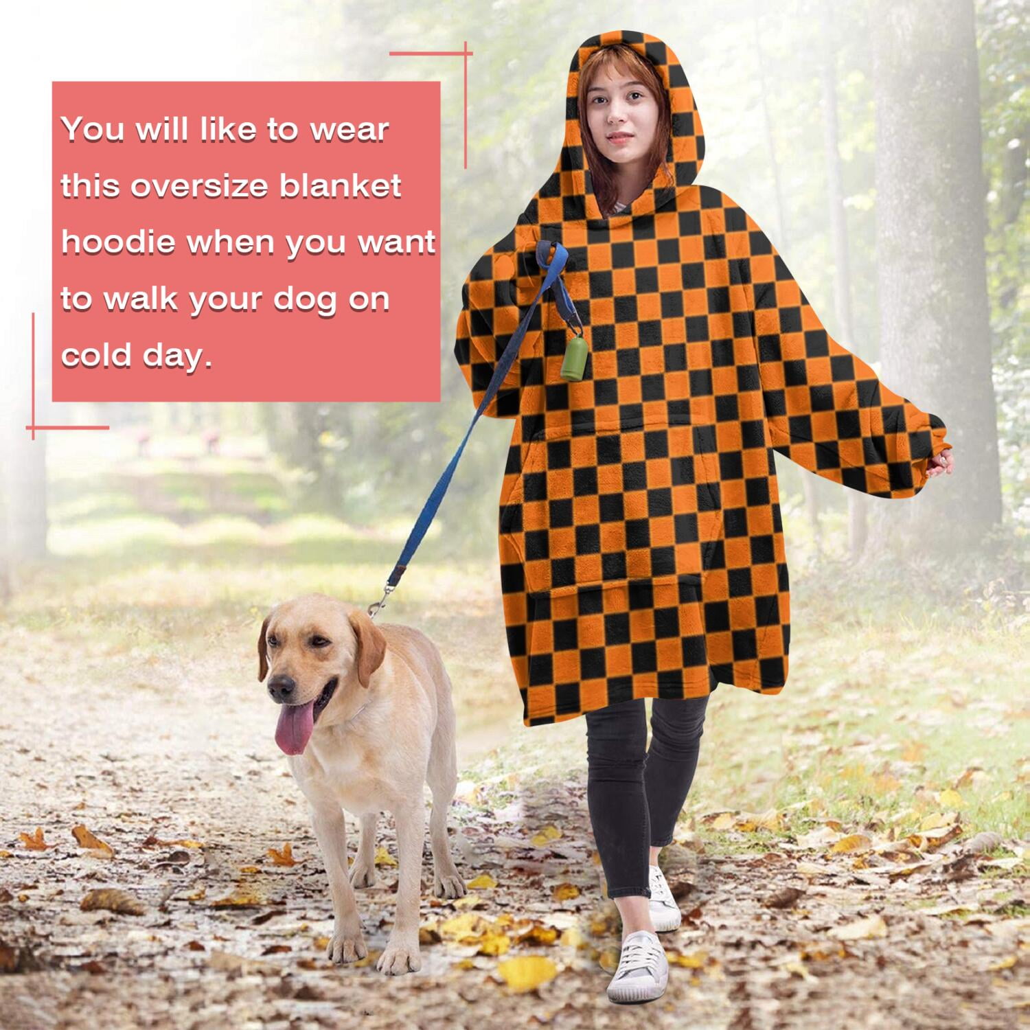 Orange and Black Checkered Pattern Wearable Oversized Blanket,Wearable Blanket Hoodie for Adults,Cozy Hooded Blankets with Super Pockets,Super Warm Fuzzy Pullover for Women & Men
