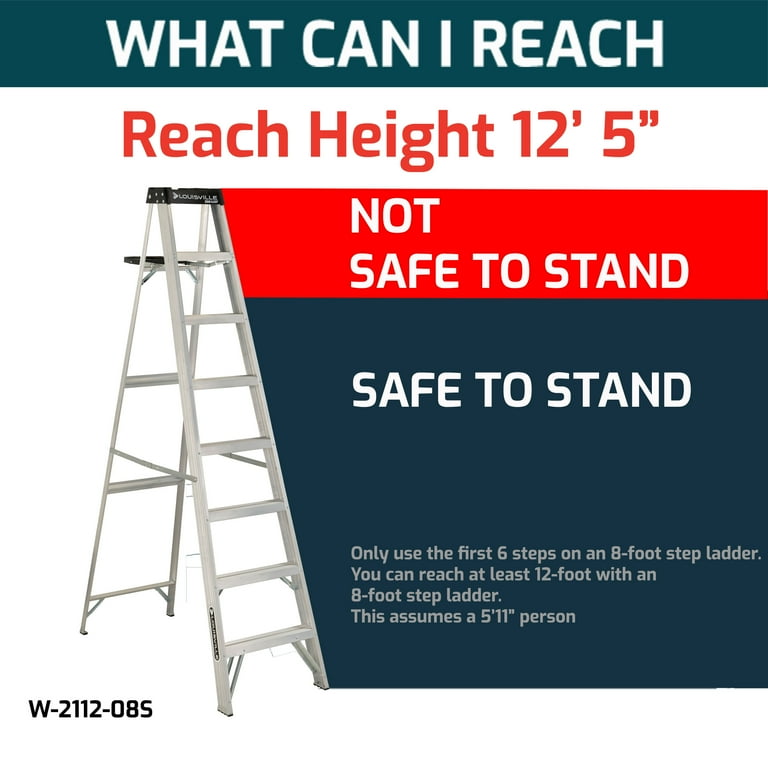 Louisville Ladder 8' Aluminum Step Ladder, 12' Reach, 250 lbs Load Capacity, W-2112-08S Louisville Ladder 8' Aluminum Step Ladder, 12' Reach, 250 lbs Load Capacity, W-2112-08S