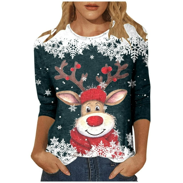 Haut à Col Rond Imprimé de Noël pour Femme, Décontracté, Ample, Manches 3/4, T-Shirt, Haut