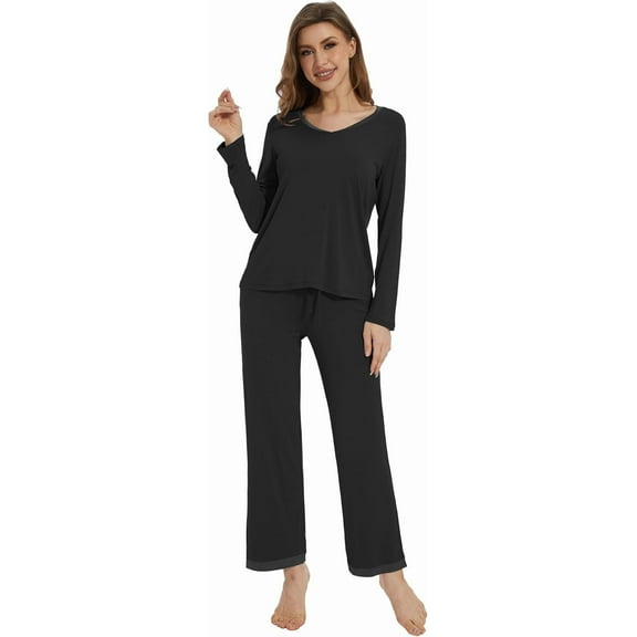 WiWi Viscose from Bamboo Womens Cute Pajamas Set 3/4 Sleeve and Crew-neck Sets with Drawstring S-XXL, Black, X-Large