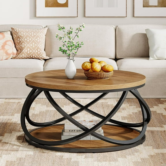 Tribesigns Round Coffee Table with  2-Tier Storage Shelves,  31.5" Circle Center Table with Sturdy Metal Frame for Living Room, Small Space, Brown