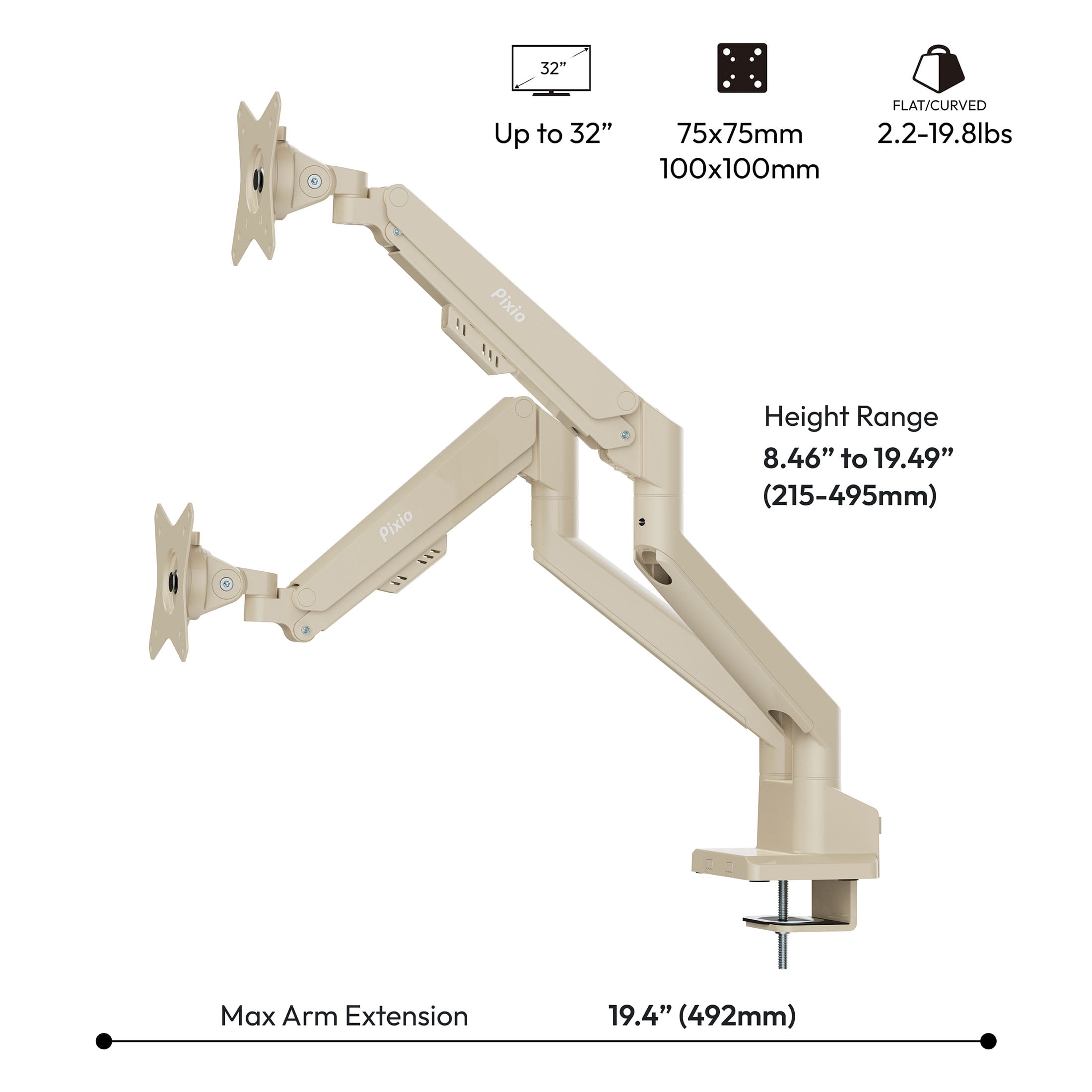 Pixio PS1D Wave Beige Dual Monitor Arm Stand Desk Mount - Fits up to 32 inches Monitors and up to 19.8lbs. VESA Compatibility and Integrated Cable Management