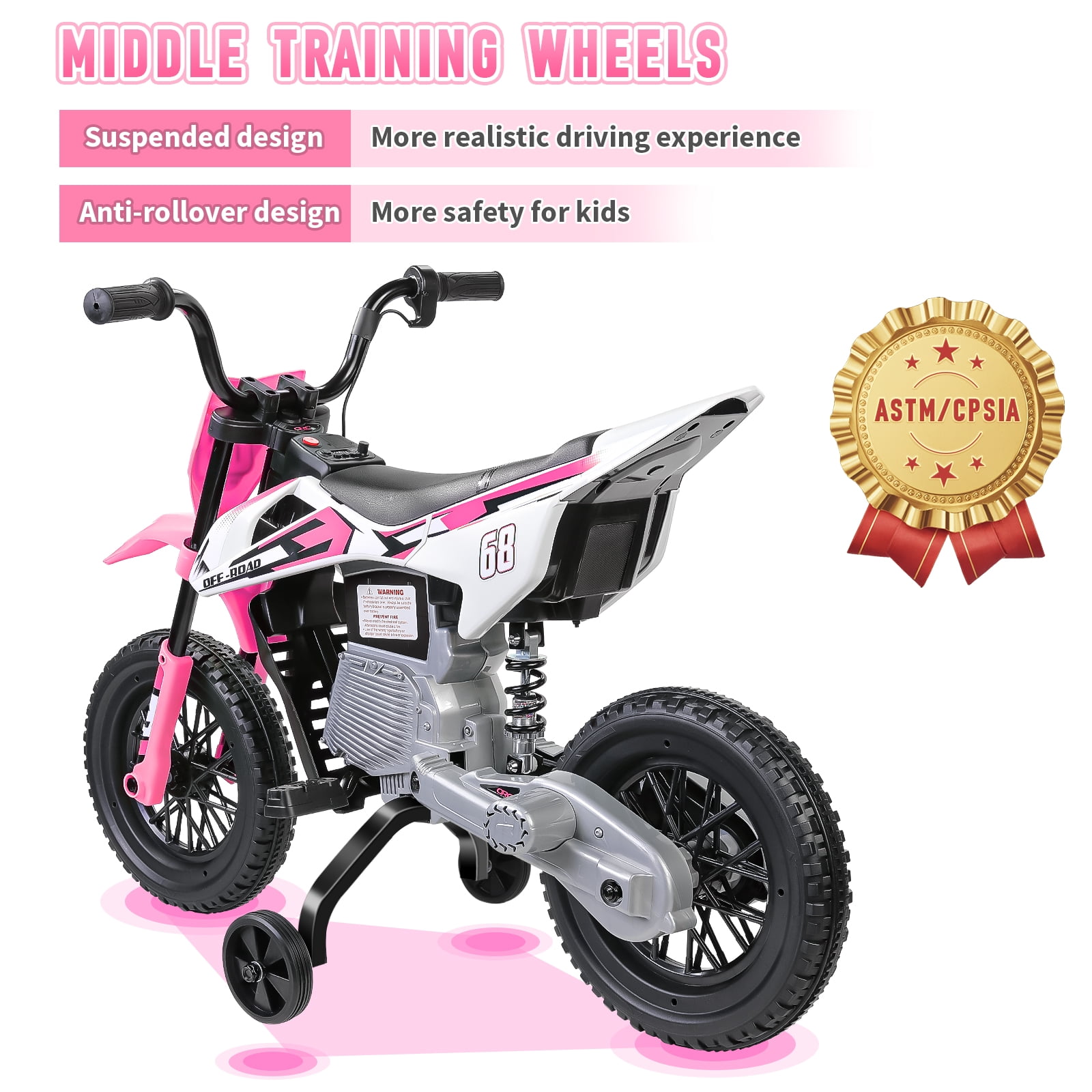 Farmdex 12V Electric Dirt Bike, Kids Ride on Motorcycle with 2 Training Wheels, Electric Motorcycle for Kids with Twist Grip Throttle, Built-in Music, 30W*2 Motors, Pink