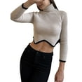 thumbnail image 6 of Women Sweater Knit Pullover Long Sleeve Turtleneck Contrast Color Irregular Hem Crop Top, 6 of 9