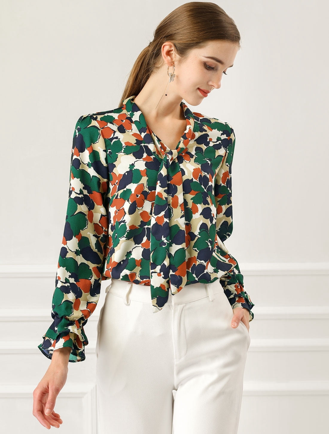 DARING DIVA Women's Tie V Neck Floral Shirt Trumpet Blouse XS Green