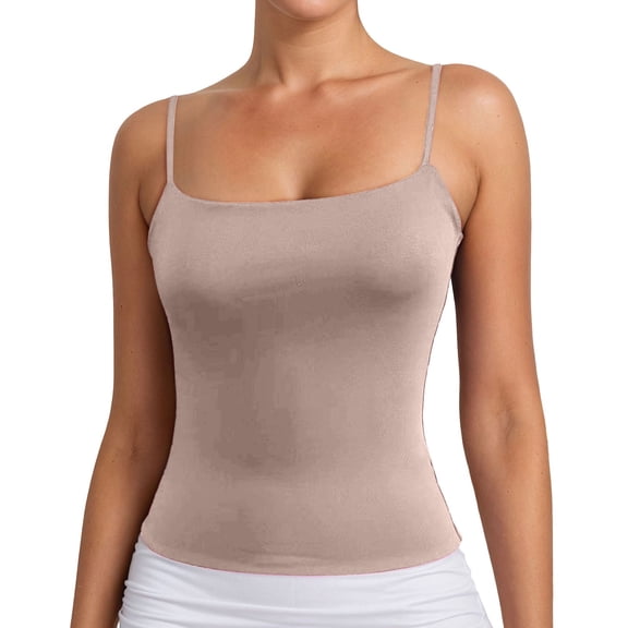 KHONTS Women's Basic Double Lined Scoop Neck Tanks Tops Adjustable Strap Cami Tank Summer Sleeveless Tops Rose Gold XS