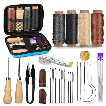 Leather Sewing Kit,Leather Stitching Kit with Sewing Awl,Needles,Waxed Thread,Upholstery Repair Kit,Heavy Duty Sewing Tools for Hand Stitching Car Seats,Sofa,Carpets,Shoes,DIY Craft