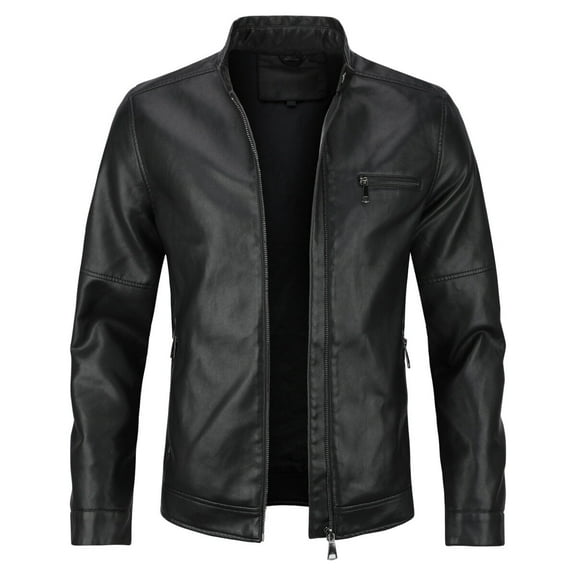 Cloudstyle Men's Solid Color Zipper Casual Leather Jacket PY06