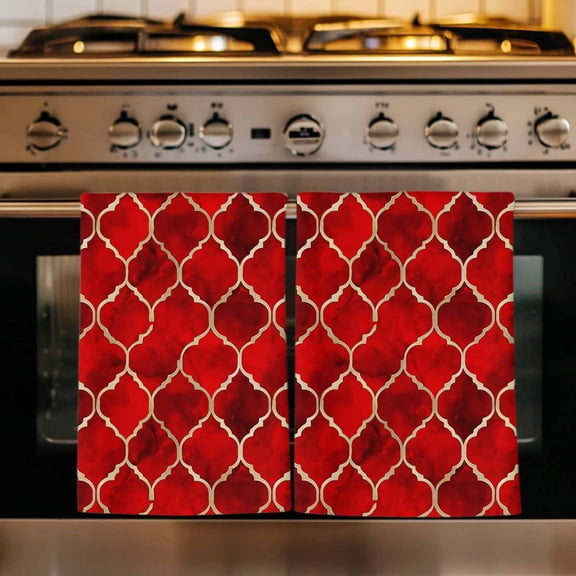 Red Geometric Kitchen Towels Set of 2, Modern Morocco Abstract Art Absorbent Dish Towels for Kitchen, Microfiber Hand Towel, Quick Drying Tea Towel for Cleaning Decorative Dishcloths