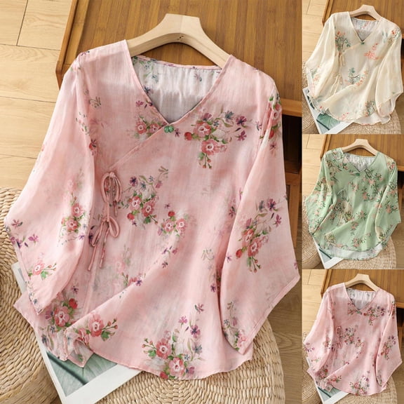 Jsaierl Womens 3/4 Length Sleeve Cotton Linen Tops Casual V Neck Shirts Dressy Print Petite Embroidery Blouses Going Out Vacation Tunic Top M-2XL