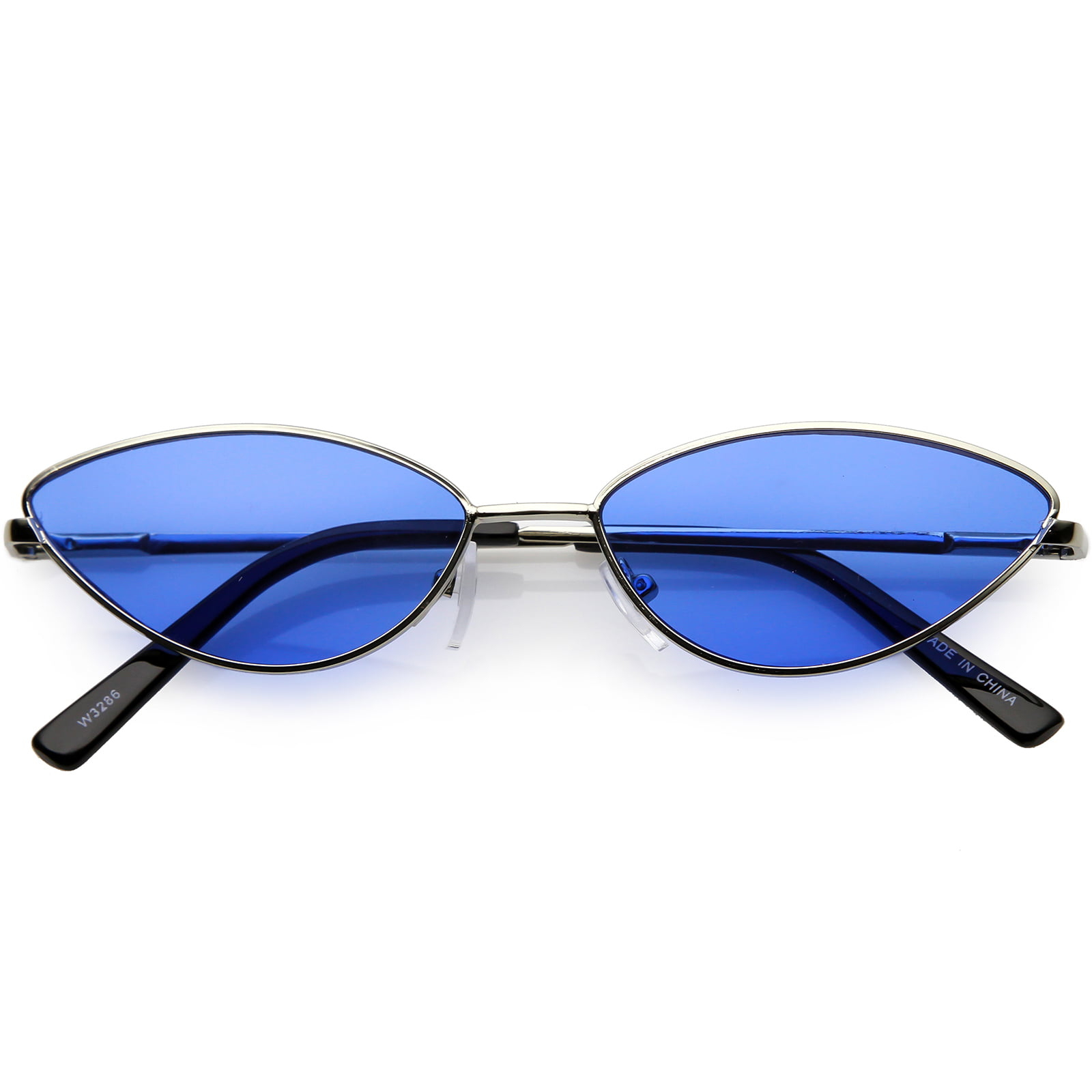 Retro Small Metal Cat Eye Sunglasses For Women Color Tinted Lens 55mm Silver Blue 
