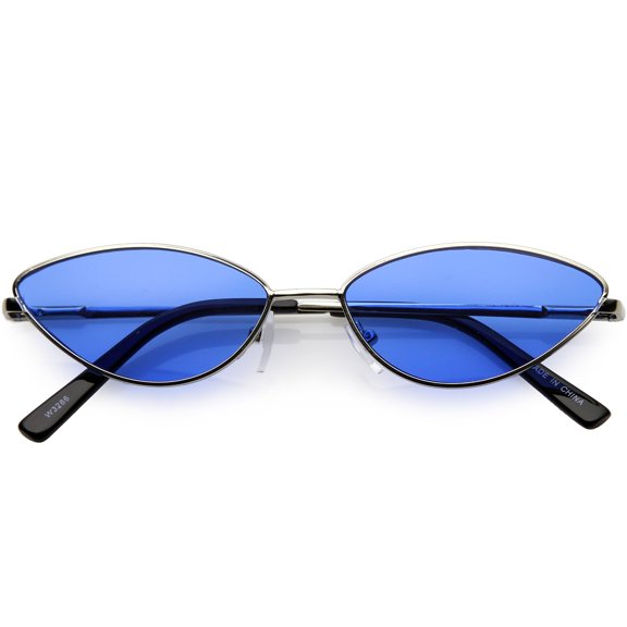Retro Small Metal Cat Eye Sunglasses For Women Color Tinted Lens 55mm (Silver / Blue)