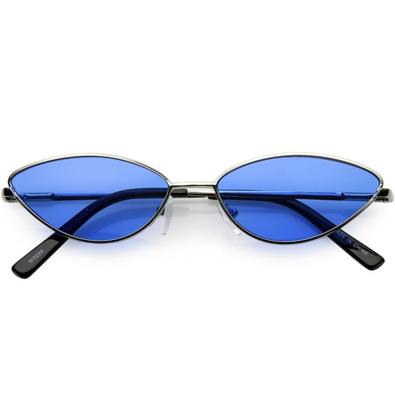 Retro Small Metal Cat Eye Sunglasses For Women Color Tinted Lens 55mm (Silver / Blue)