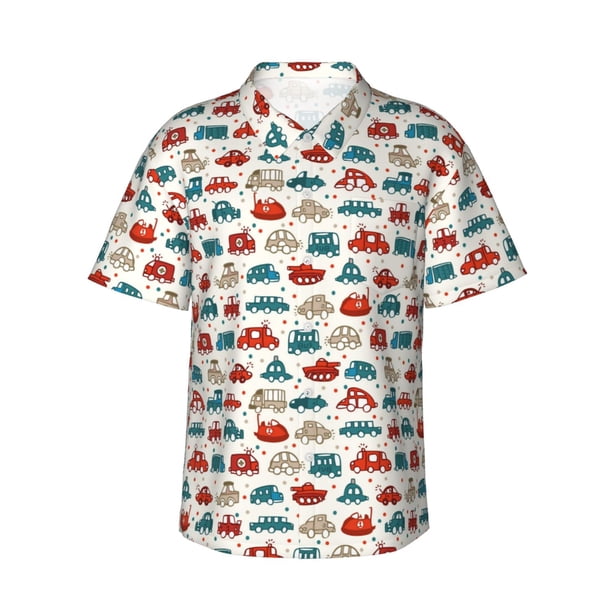 Fotbe Artoon Car Camisa Hawaiana para Hombre Unisex – Camisa Casual de Verano con Botones de Manga Corta de Algodón y Lino,Large