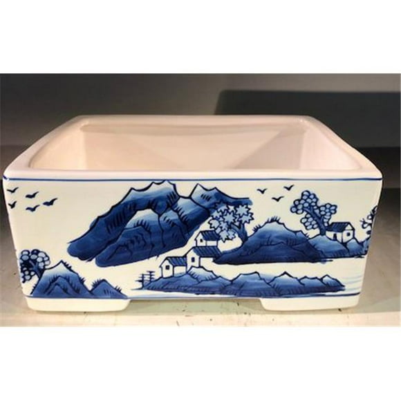 Porcelain Bonsai Pot, Blue & White - Rectangle