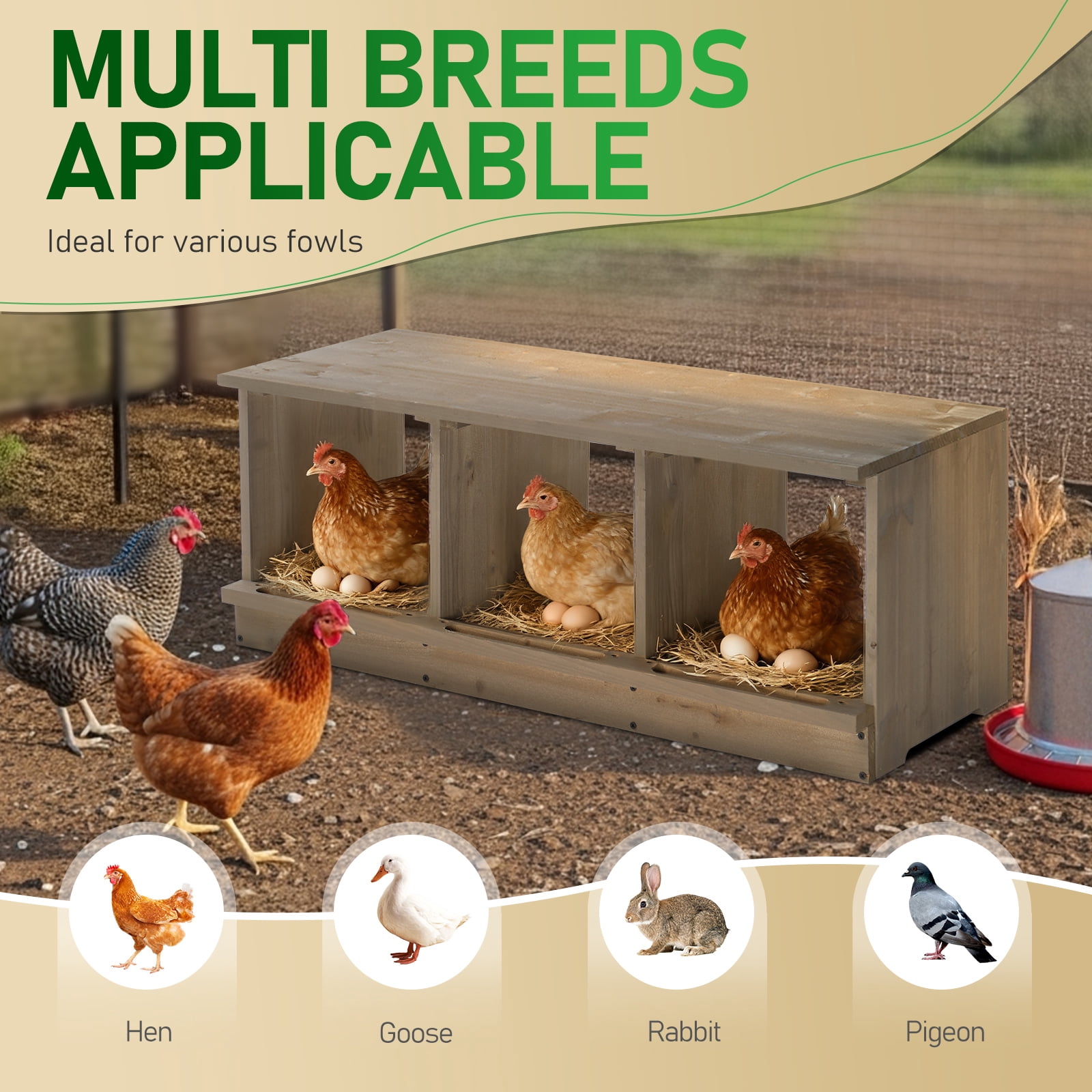 Gray 3-Compartment Wooden Chicken Nesting Box, Weather-Resistant Fir Wood Hen Nest Box with Perches, for Chickens Ducks Geese Rabbits