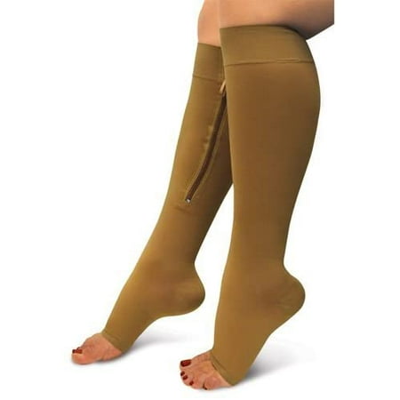 

Jobar Zippered Compression Socks Open Toe Knee High Circulation Easy On/Off Beige Size Small