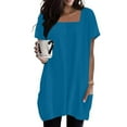 thumbnail image 2 of Long Tops for Women wear with Leggings Square Neck Short Sleeve Loose Fit Tunic Tee Shirt with Pockets (L, Blue), 2 of 7