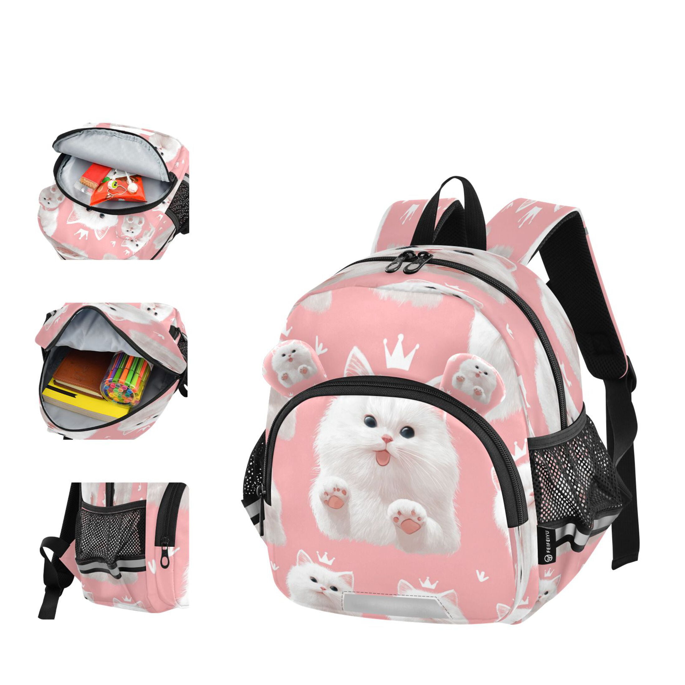 RMDQTR Adorable Ear-Print Backpack with Reflective Strip and Anti-Lost Leash Adjustable Shoulder Straps Mini Travel Backpack Happy White Cat Face