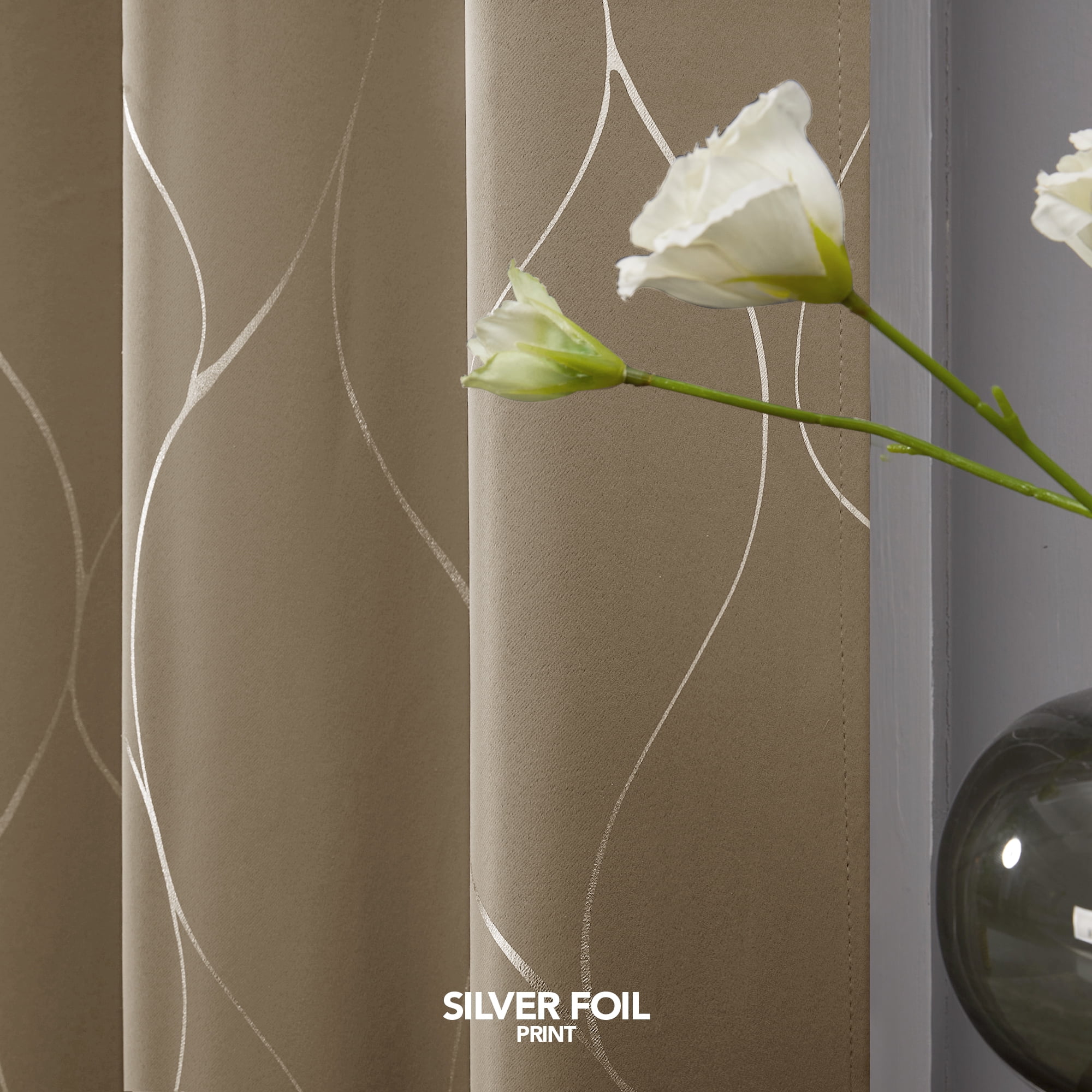 Deconovo Silver Wave Foil Print Blackout Curtain for Living Room, 42W x 72L inch, 2 Panels, Khaki