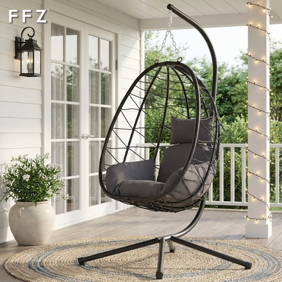 FFZ Outdoor Swing Egg Chair with Stand, 350Lbs Heavy-Duty Wicker Egg Hanging Patio Chairs for Outside, Comfy Porch Swinging Chair with Thick Cushion Balcony Backyard Bedroom Indoo